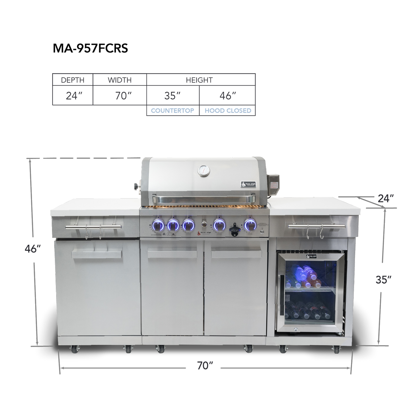 Mont Alpi 957FCRS Propane Island W/ Compact Refrigerator, Infrared Rear Burner & Rotisserie Kit - MA-957FCRD