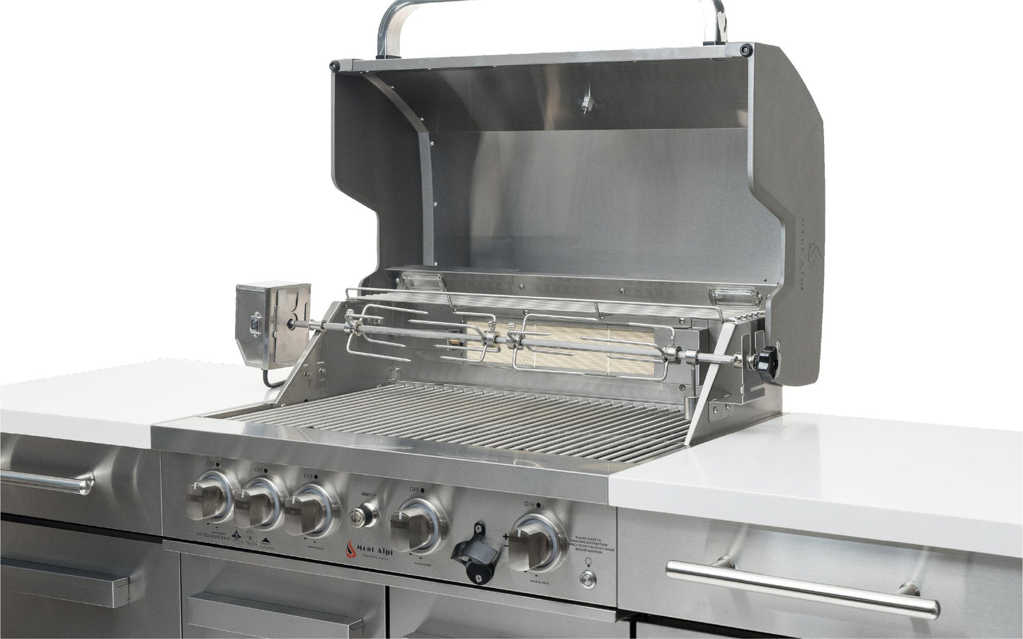 Mont Alpi 957FCRS Propane Island W/ Compact Refrigerator, Infrared Rear Burner & Rotisserie Kit - MA-957FCRD