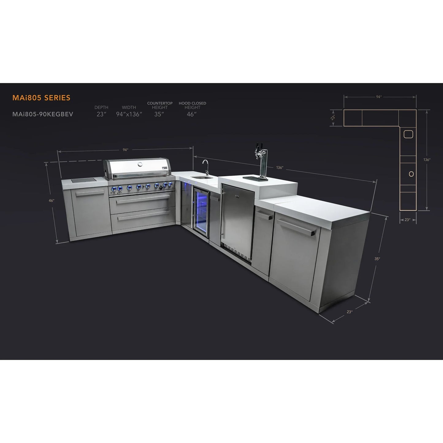 Mont Alpi 805 BBQ Grill Island with 90 Degree Corner, Kegerator & Beverage Center - MAi805-90KEGBEV