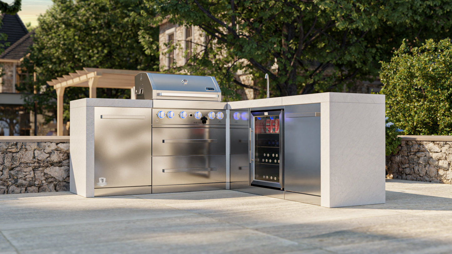Mont Alpi 4-burner Deluxe Island featuring a 90-degree corner and beverage center MAi400-D90BEV - 82''-88''