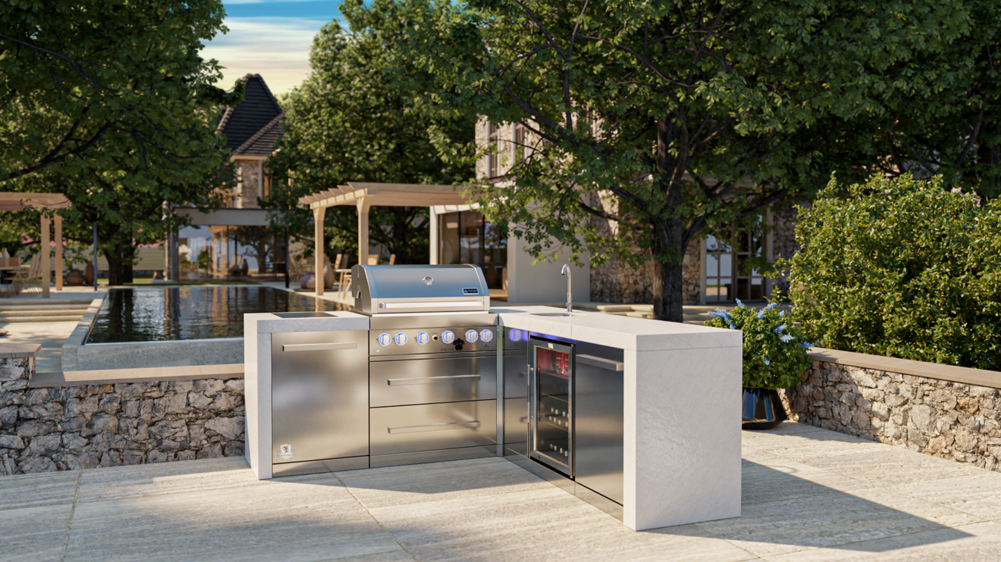 Mont Alpi 4-burner Deluxe Island featuring a 90-degree corner and beverage center MAi400-D90BEV - 82''-88''