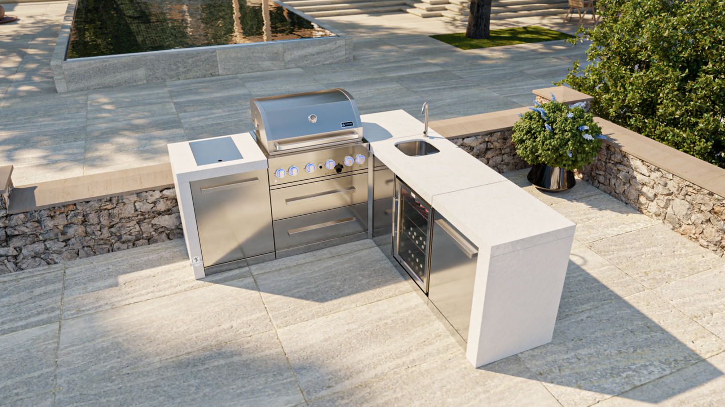 Mont Alpi 4-burner Deluxe Island featuring a 90-degree corner and beverage center MAi400-D90BEV - 82''-88''