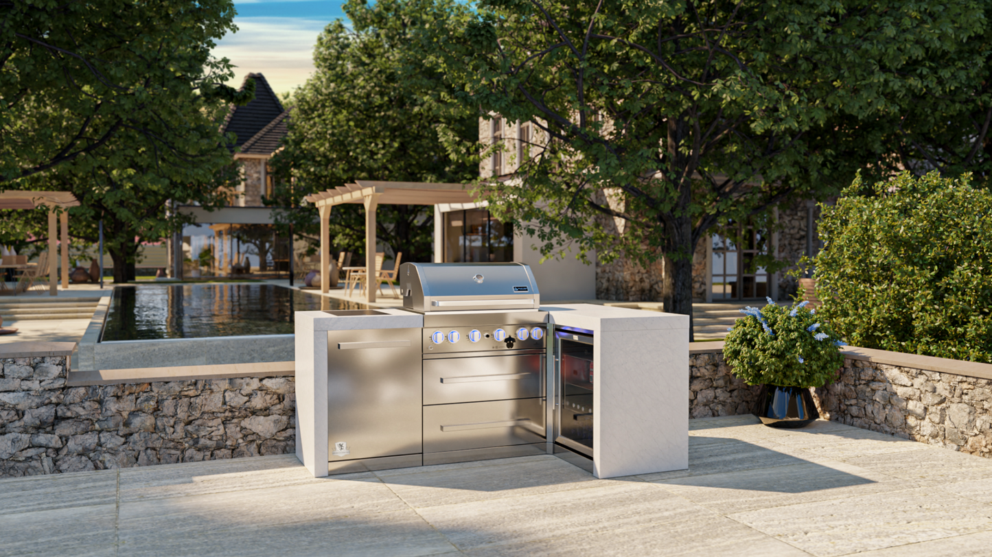 Mont Alpi 4-burner Deluxe Island with a 90-degree corner and a fridge cabinet MAi400-D90FC