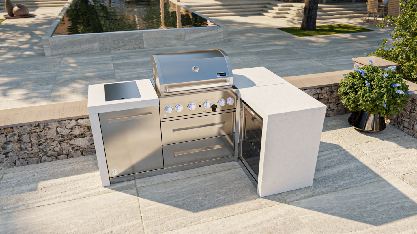 Mont Alpi 4-burner Deluxe Island with a 90-degree corner and a fridge cabinet MAi400-D90FC