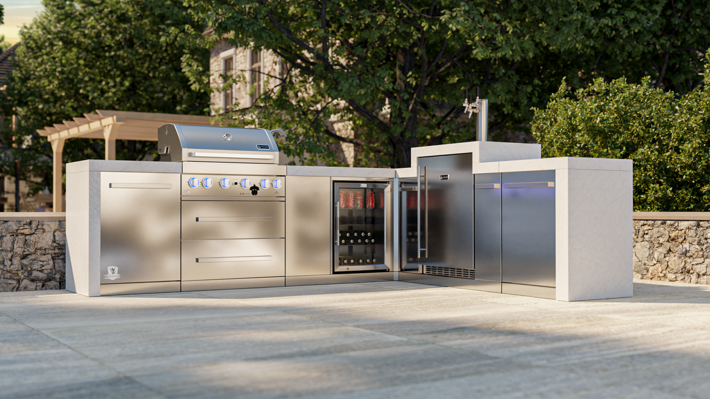 Mont Alpi 400 Deluxe BBQ Grill Island with 90 Degree Corner, Kegerator & Beverage Center - MAI400-D90KEGBEV