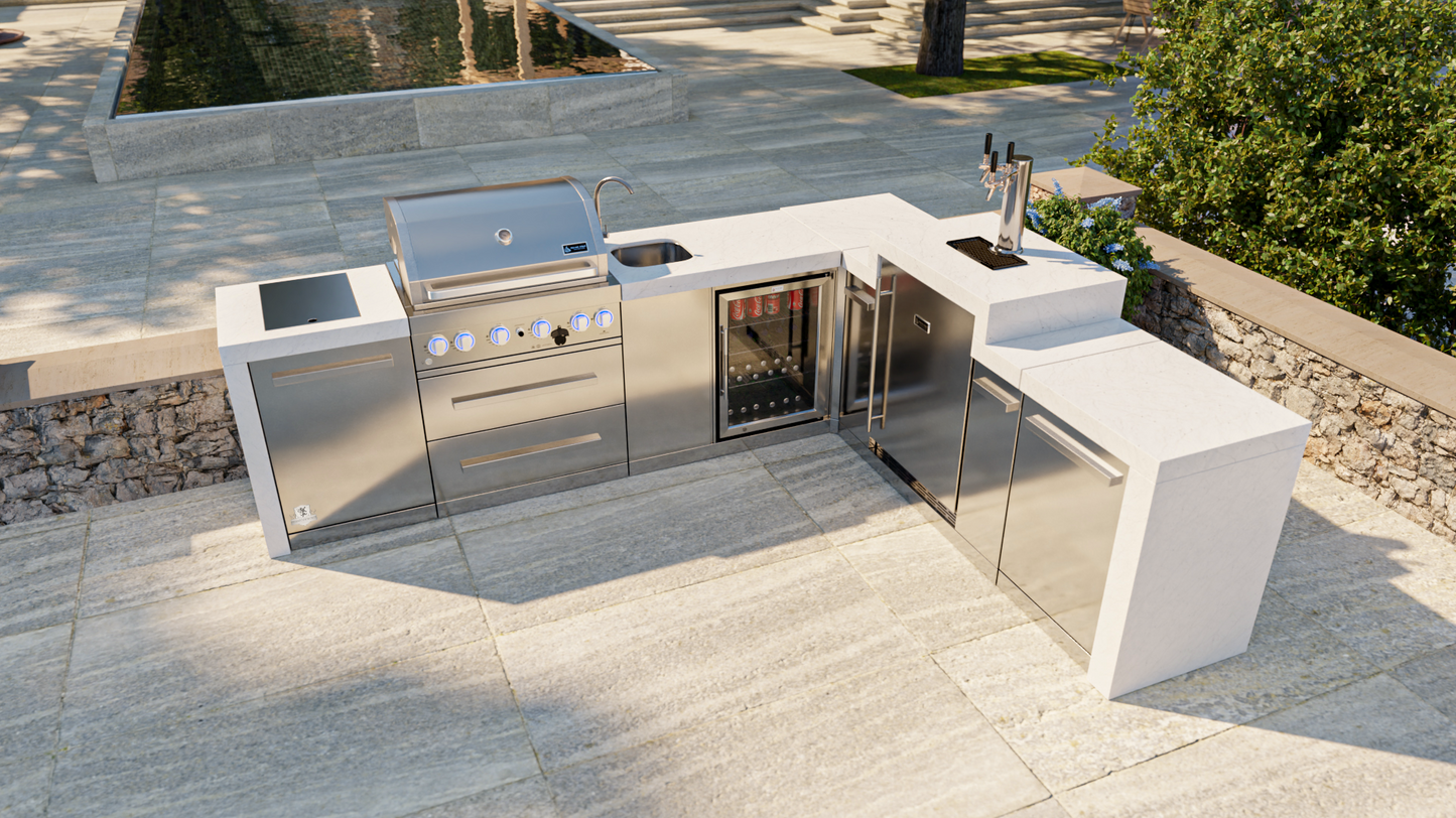 Mont Alpi 400 Deluxe BBQ Grill Island with 90 Degree Corner, Kegerator & Beverage Center - MAI400-D90KEGBEV