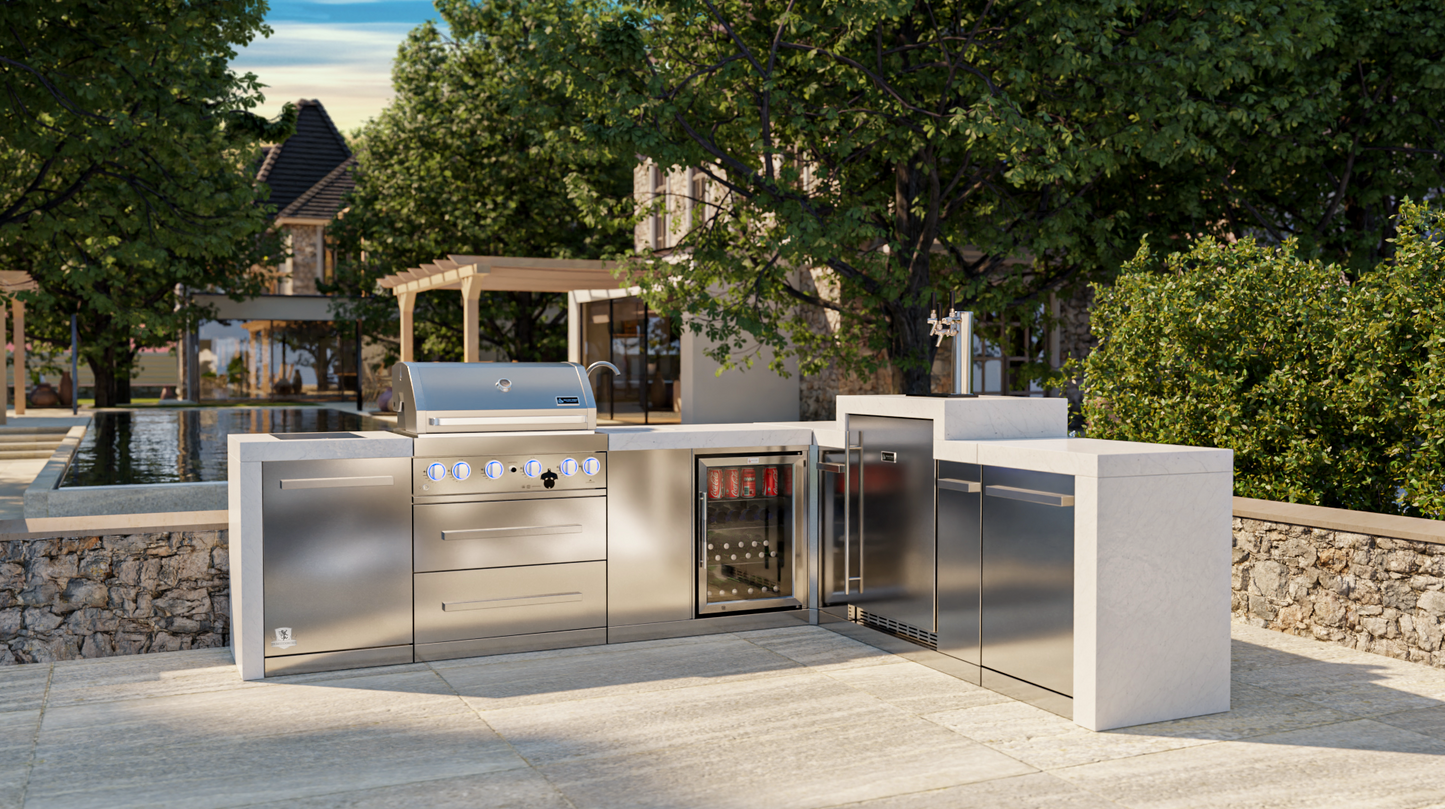 Mont Alpi 400 Deluxe BBQ Grill Island with 90 Degree Corner, Kegerator & Beverage Center - MAI400-D90KEGBEV