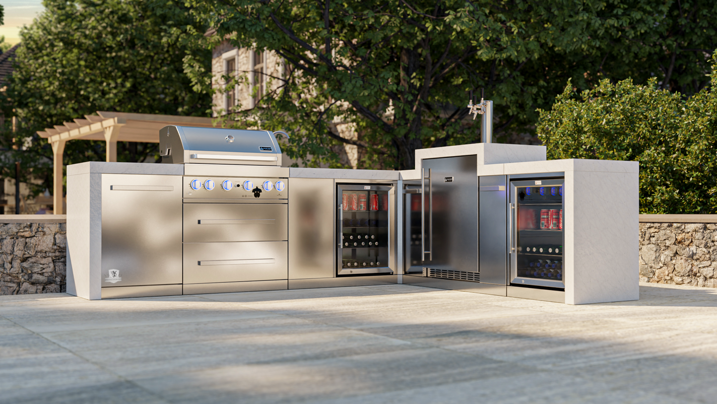Mont Alpi 400 Deluxe BBQ Grill Island with 90 Degree Corner, Kegerator, Beverage Center & Fridge Cabinet - MAi400-D90KEGBEVFC