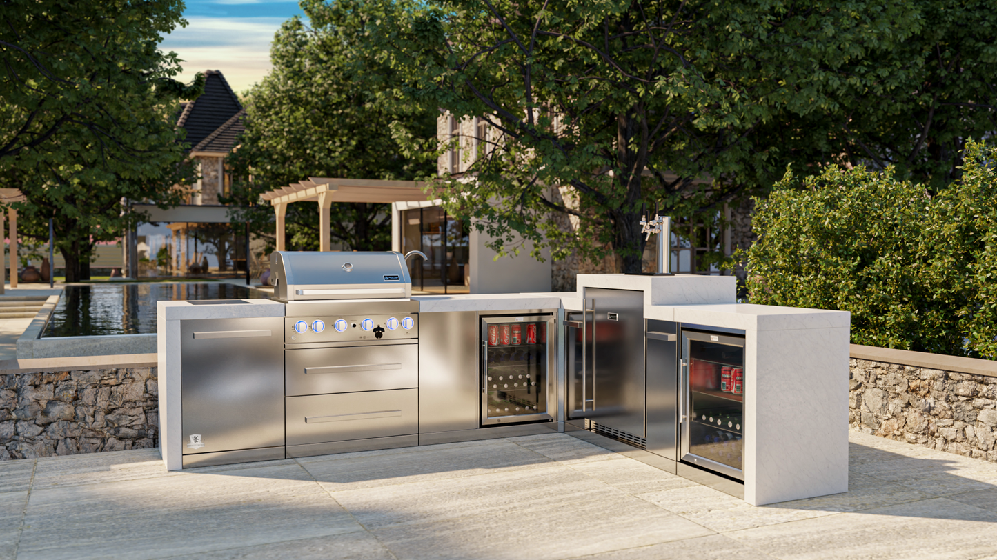 Mont Alpi 400 Deluxe BBQ Grill Island with 90 Degree Corner, Kegerator, Beverage Center & Fridge Cabinet - MAi400-D90KEGBEVFC
