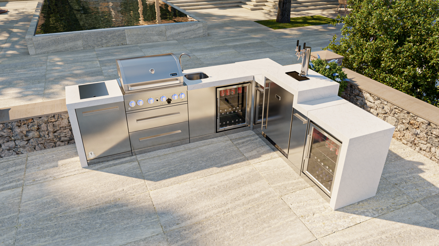 Mont Alpi 400 Deluxe BBQ Grill Island with 90 Degree Corner, Kegerator, Beverage Center & Fridge Cabinet - MAi400-D90KEGBEVFC