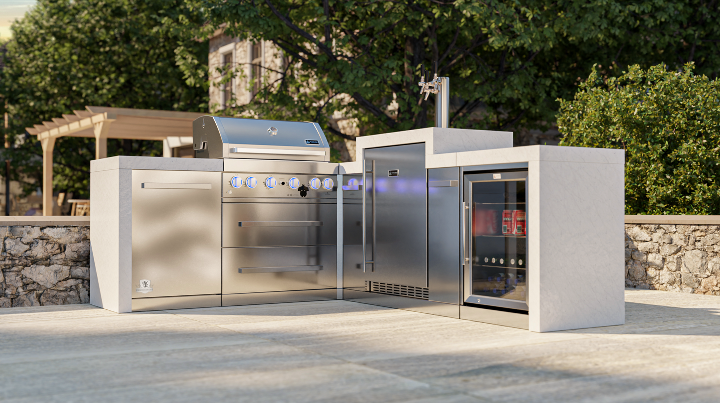 Mont Alpi 400 Deluxe BBQ Grill Island with 90 Degree Corner, Kegerator & Fridge Cabinet - MAi400-D90KEGFC