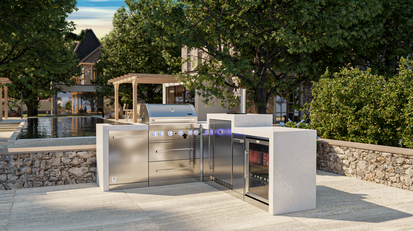 Mont Alpi 400 Deluxe BBQ Grill Island with 90 Degree Corner, Kegerator & Fridge Cabinet - MAi400-D90KEGFC