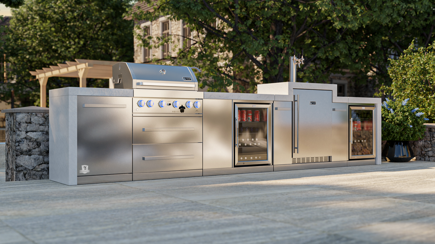 Mont Alpi 400 Deluxe BBQ Grill Island with Kegerator, Beverage Center & Fridge Cabinet - MAi400-DKEGBEVFC