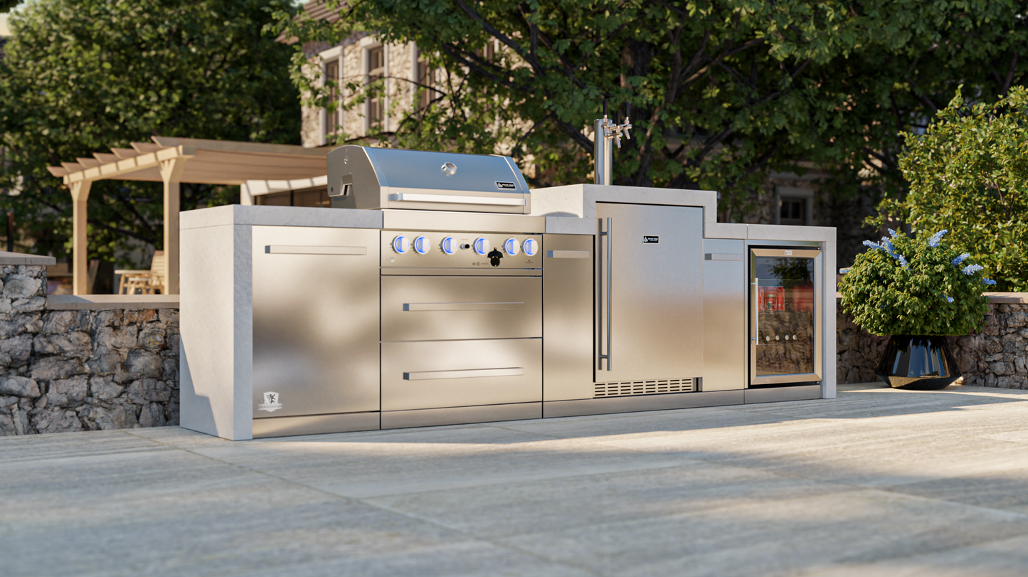 Mont Alpi 400 Deluxe BBQ Grill Island with Kegerator & Fridge Cabinet - MAi400-DKEGFC