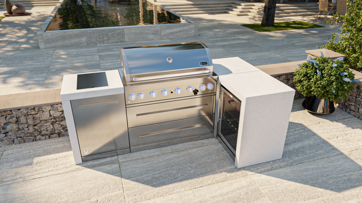 Mont Alpi 6-burner Deluxe Island with a 90-degree corner and a fridge cabinet MAi805-D90FC - 94''