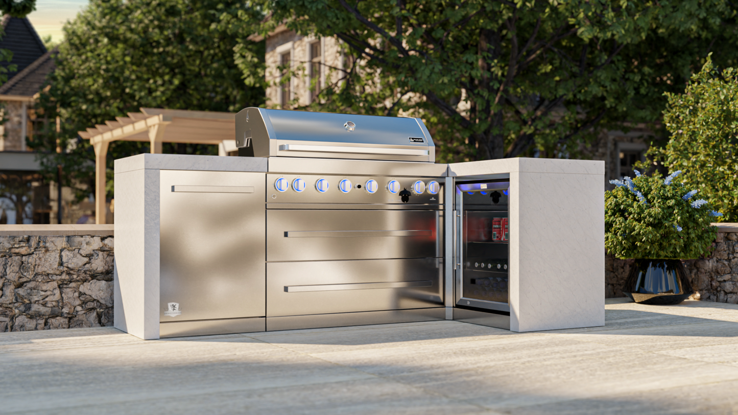 Mont Alpi 6-burner Deluxe Island with a 90-degree corner and a fridge cabinet MAi805-D90FC - 94''
