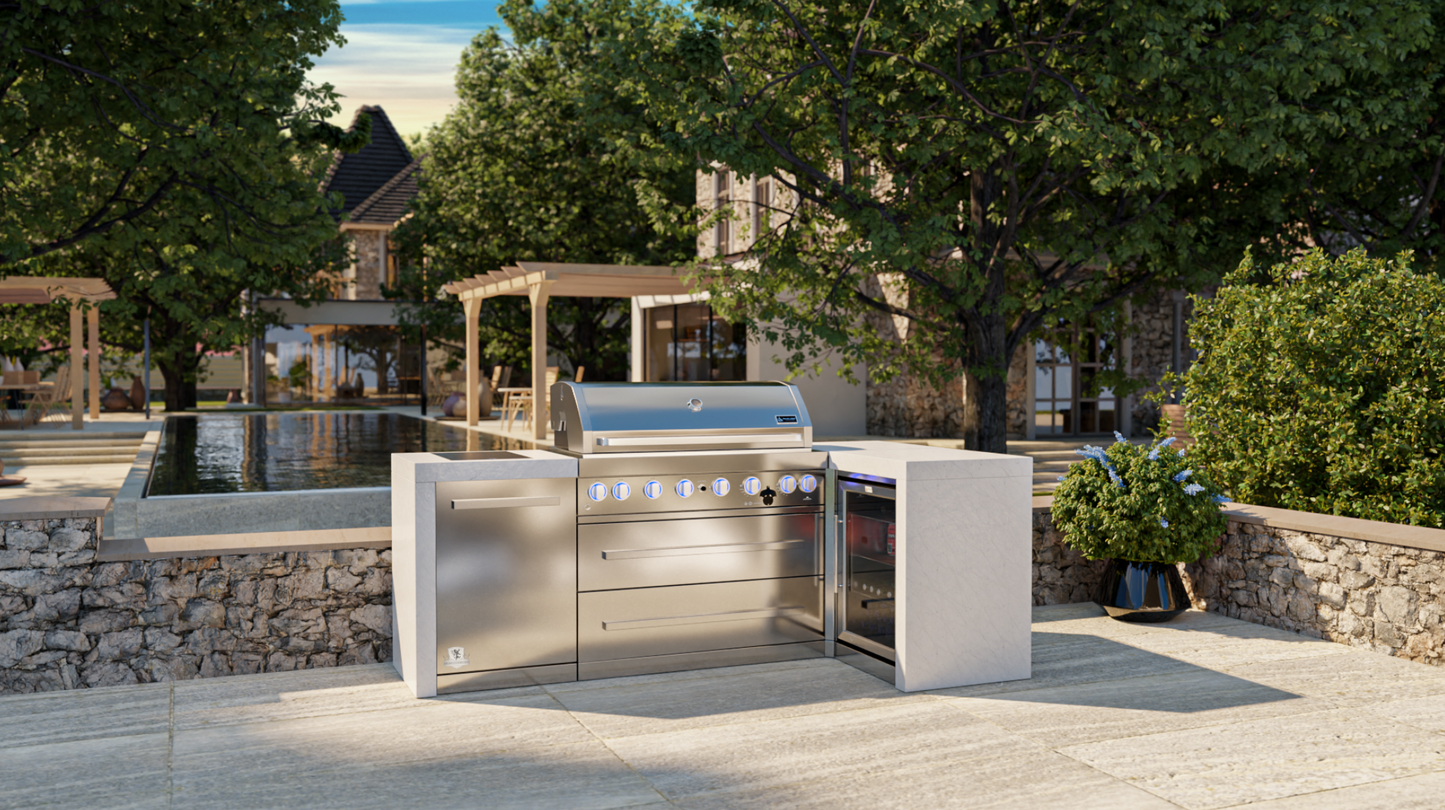 Mont Alpi 6-burner Deluxe Island with a 90-degree corner and a fridge cabinet MAi805-D90FC - 94''