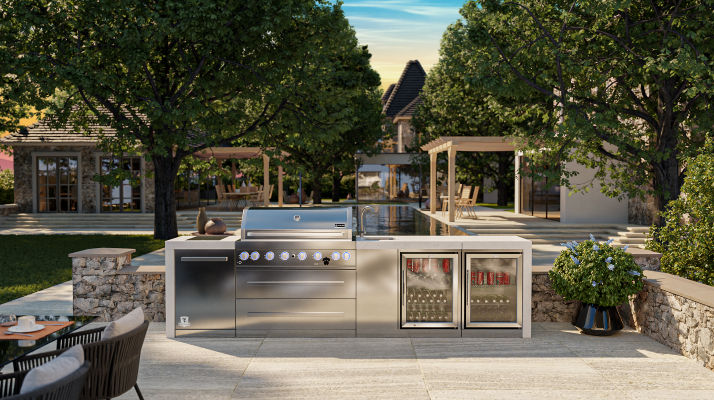 Mont Alpi 6-burner Deluxe Island with a Beverage Center And Fridge Cabinet MAi805-DBEVFC 132''