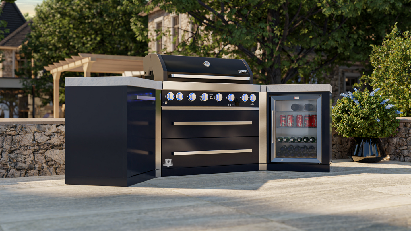 Mont Alpi 805 Black 6-burner Island with 45-Degree Corners and Fridge Cabinet MAi805-BSS45FC - 110"