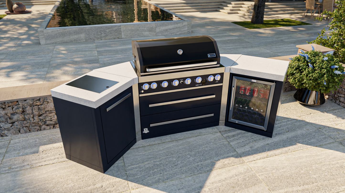Mont Alpi 805 Black 6-burner Island with 45-Degree Corners and Fridge Cabinet MAi805-BSS45FC - 110"