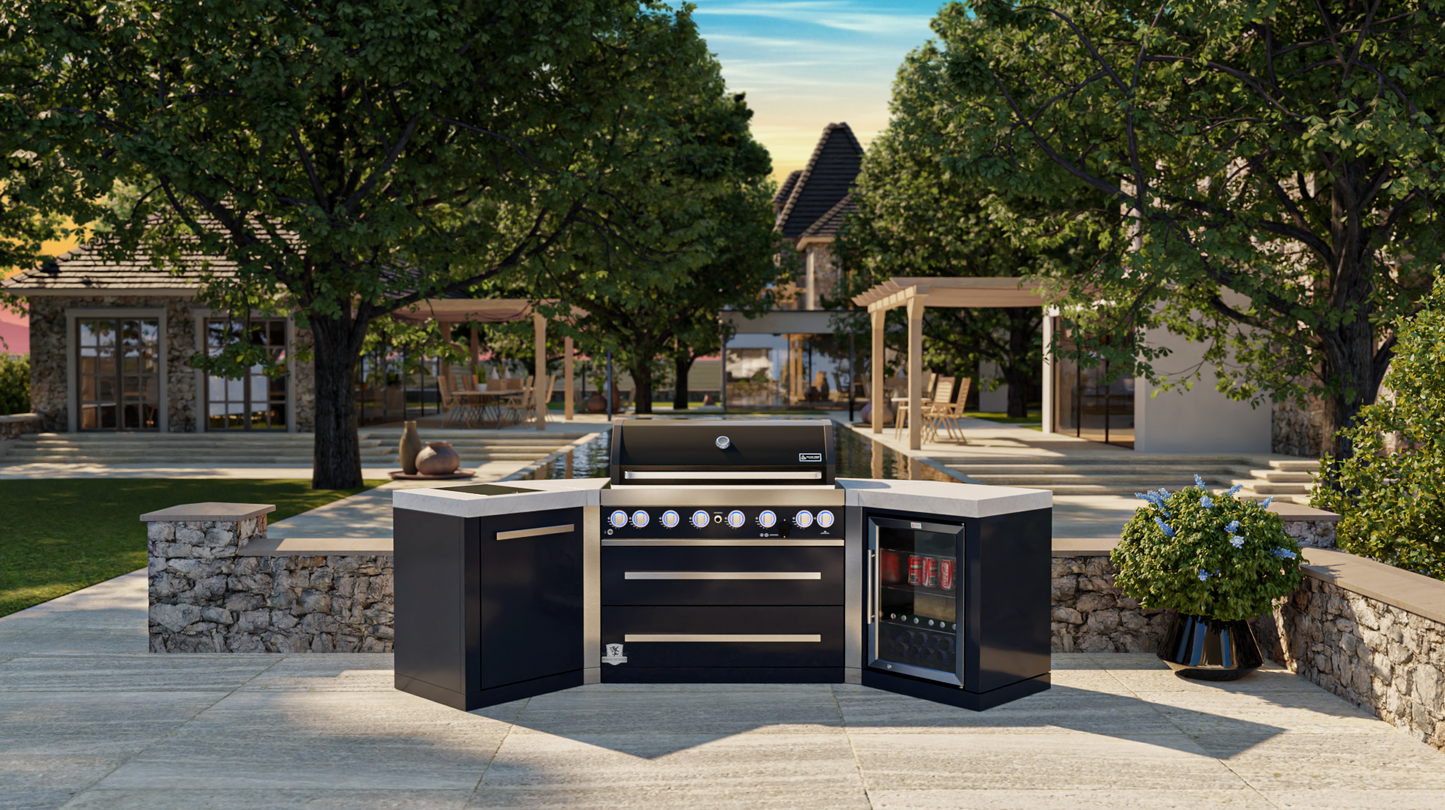 Mont Alpi 805 Black 6-burner Island with 45-Degree Corners and Fridge Cabinet MAi805-BSS45FC - 110"