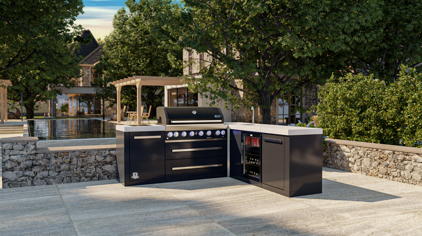 Mont Alpi 805 Black Stainless Steel Island with a 90-degree corner and beverage Center MAi805-BSS90BEV