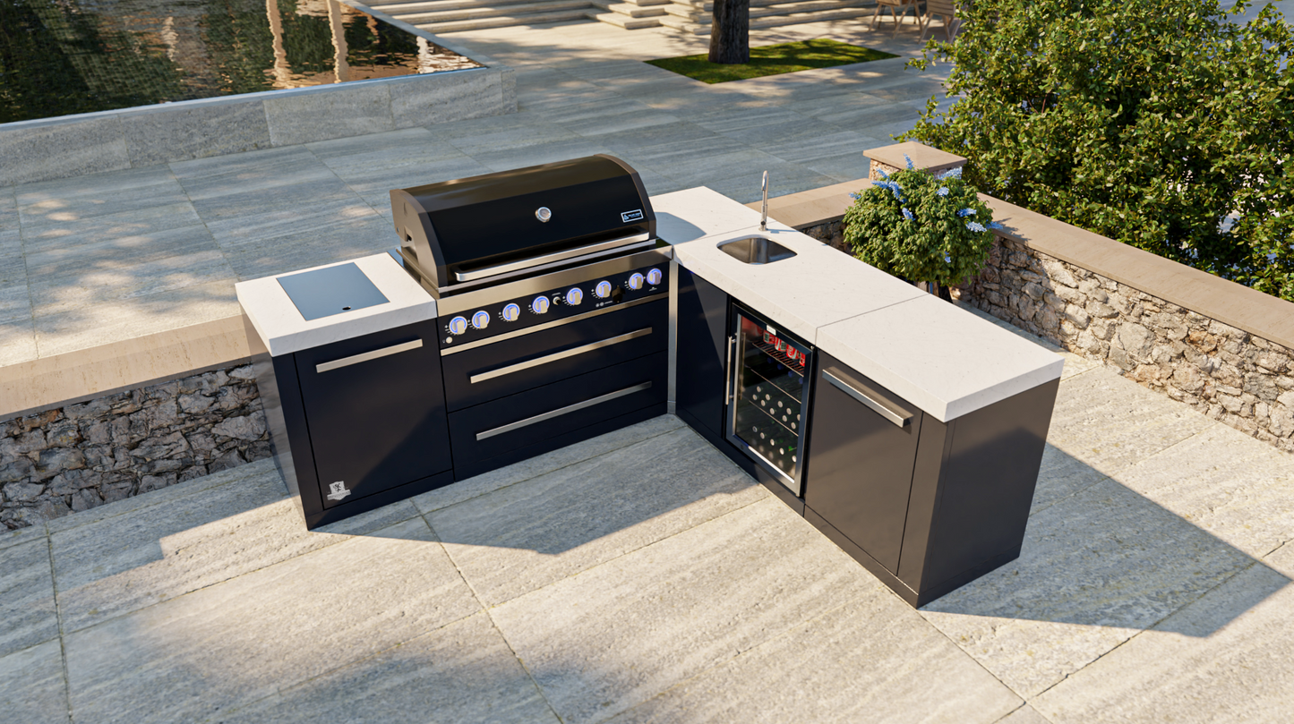 Mont Alpi 805 Black Stainless Steel Island with a 90-degree corner and beverage Center MAi805-BSS90BEV