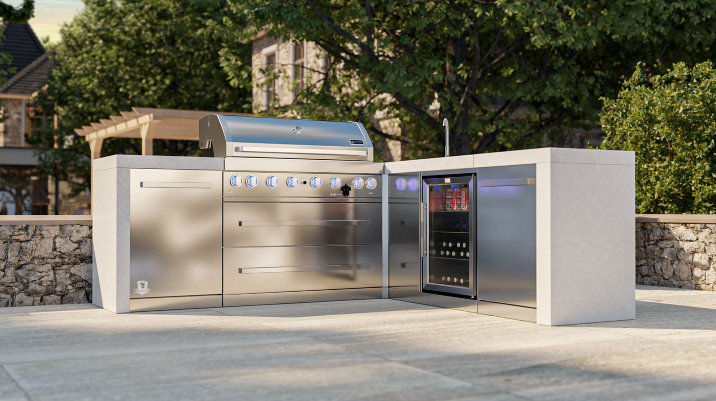 Mont Alpi 805 Deluxe BBQ Grill Island with 90 Degree Corner & Beverage Center - MAi805-D90BEV