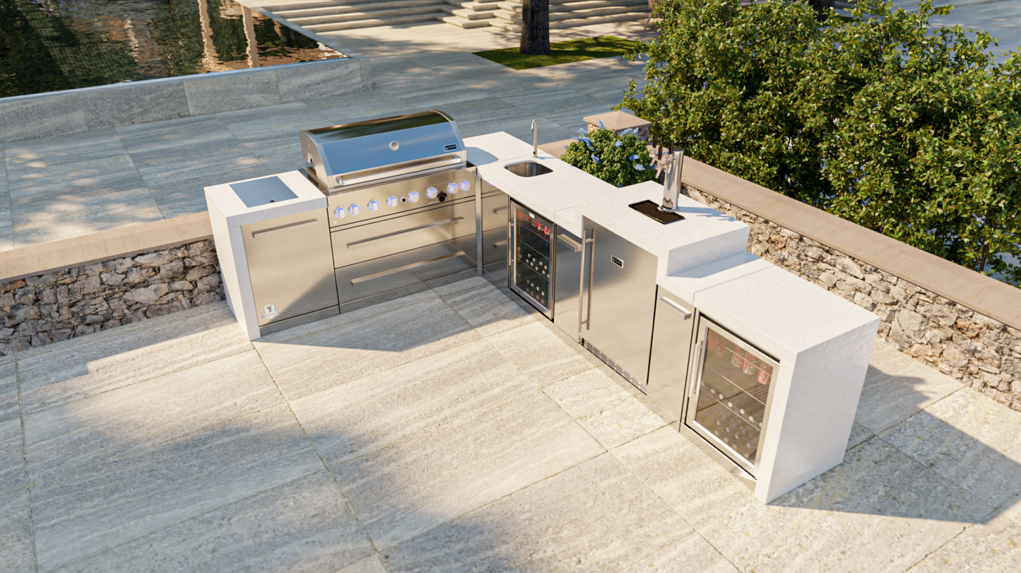 Mont Alpi 805 Deluxe BBQ Grill Island with 90 Degree Corner, Kegerator, Beverage Center & Fridge Cabinet - MAi805-D90KEGBEVFC