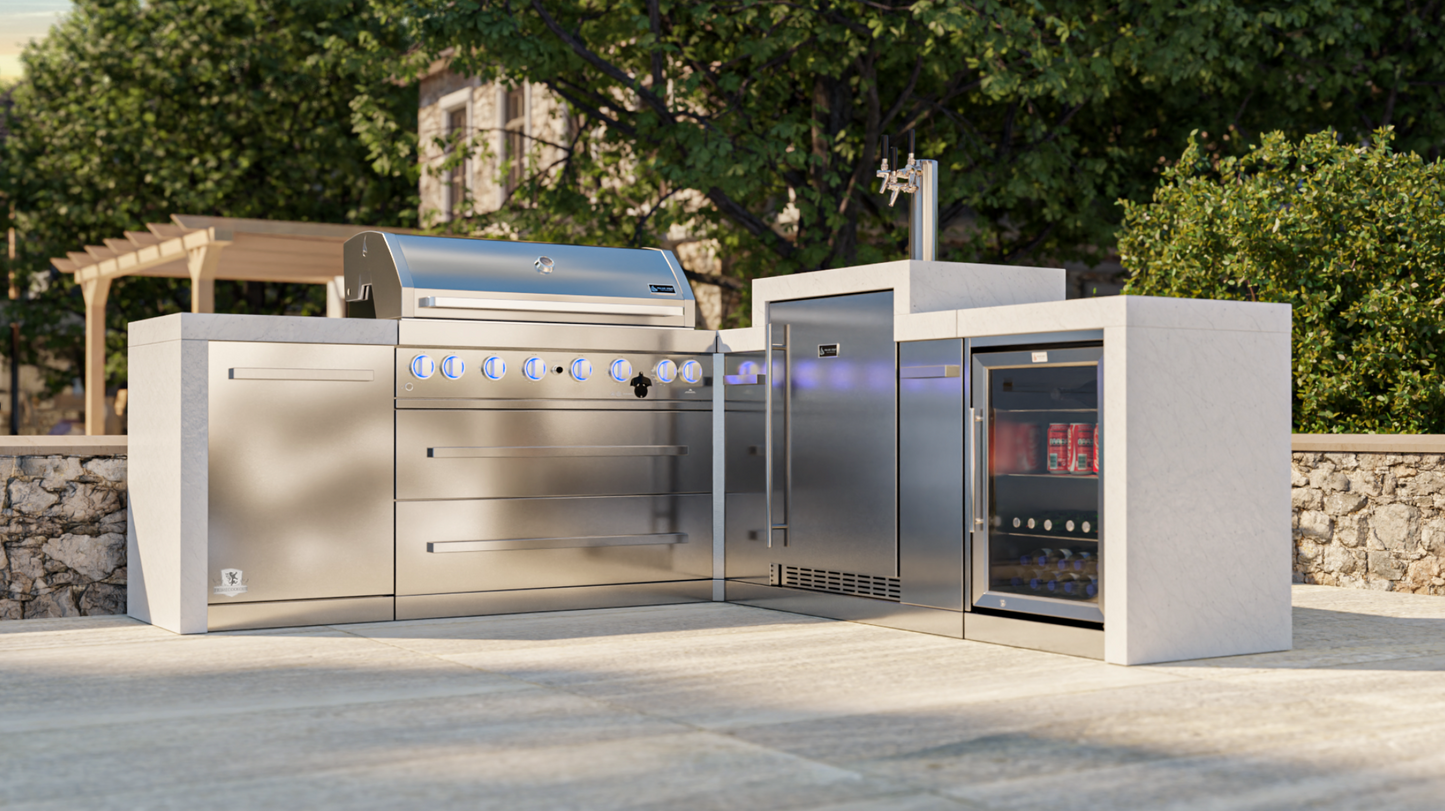 Mont Alpi 805 Deluxe BBQ Grill Island with 90 Degree Corner, Kegerator & Fridge Cabinet - MAi805-D90KEGFC