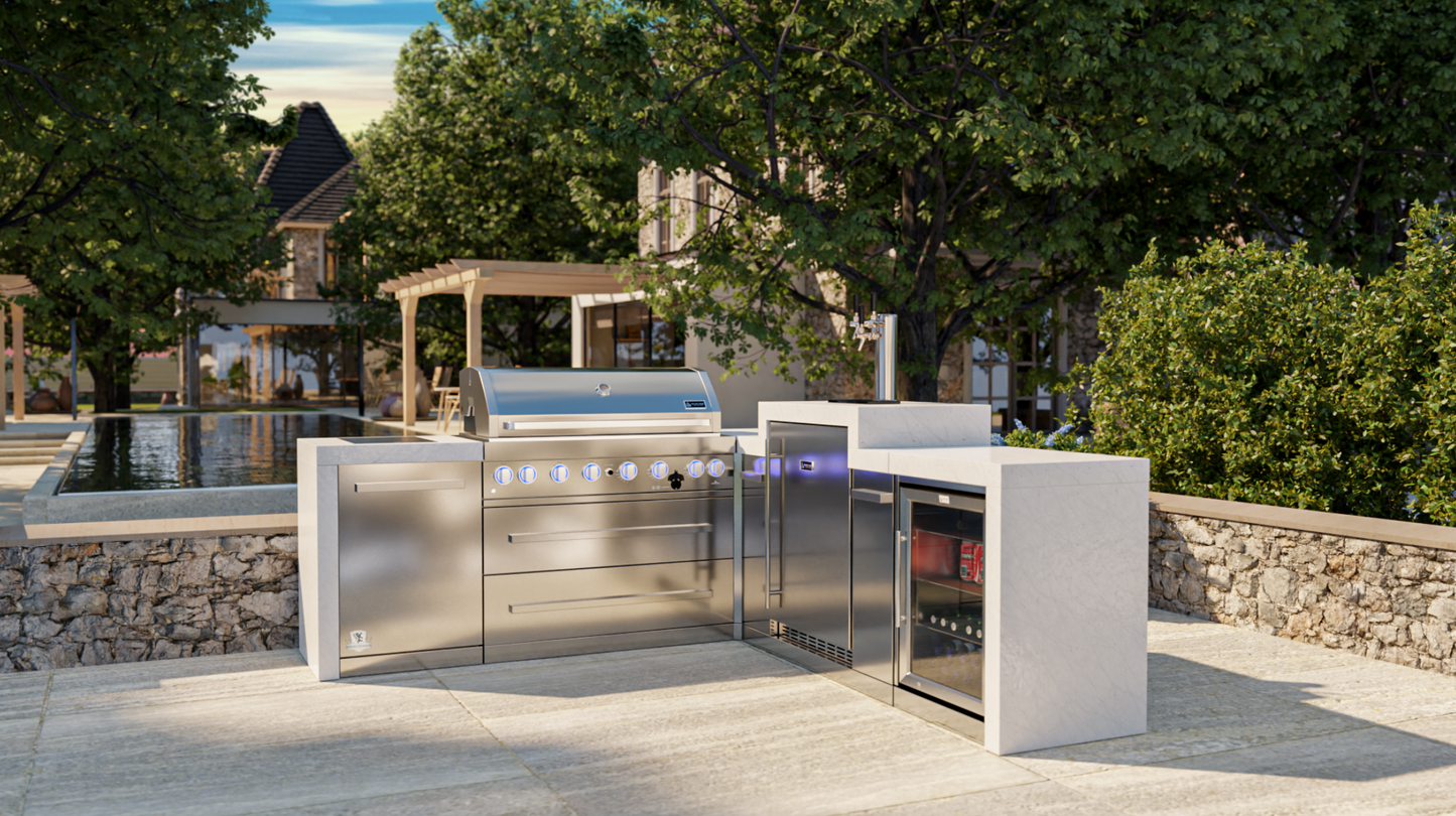 Mont Alpi 805 Deluxe BBQ Grill Island with 90 Degree Corner, Kegerator & Fridge Cabinet - MAi805-D90KEGFC