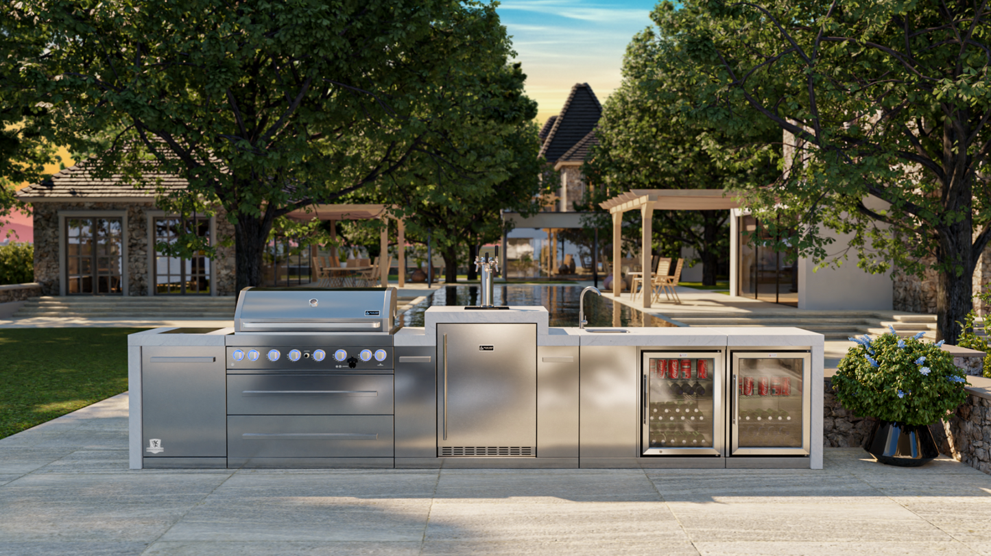 Mont Alpi 805 Deluxe BBQ Grill Island with Kegerator, Beverage Center & Fridge Cabinet - MAi805-DKEGBEVFC
