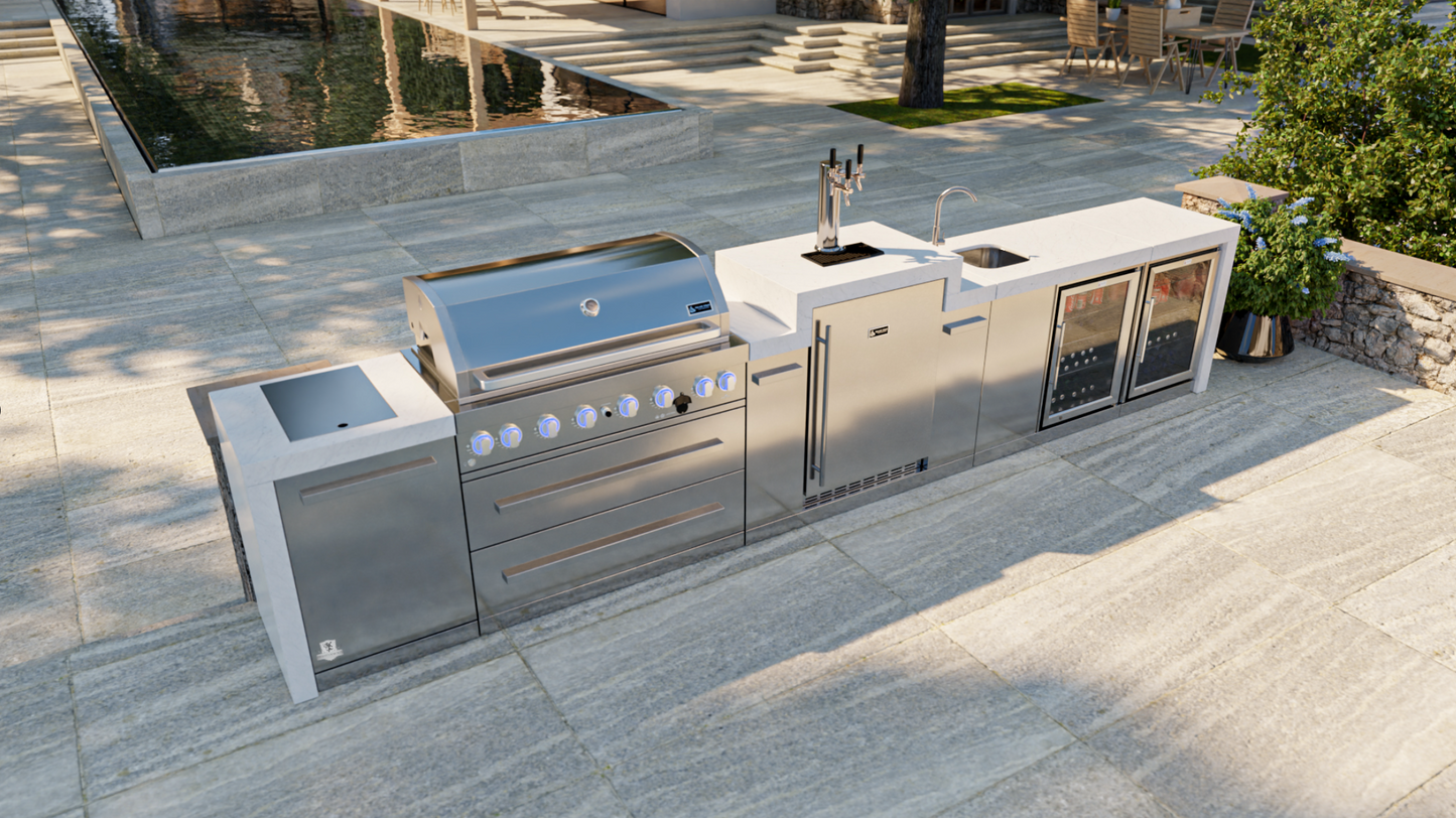 Mont Alpi 805 Deluxe BBQ Grill Island with Kegerator, Beverage Center & Fridge Cabinet - MAi805-DKEGBEVFC