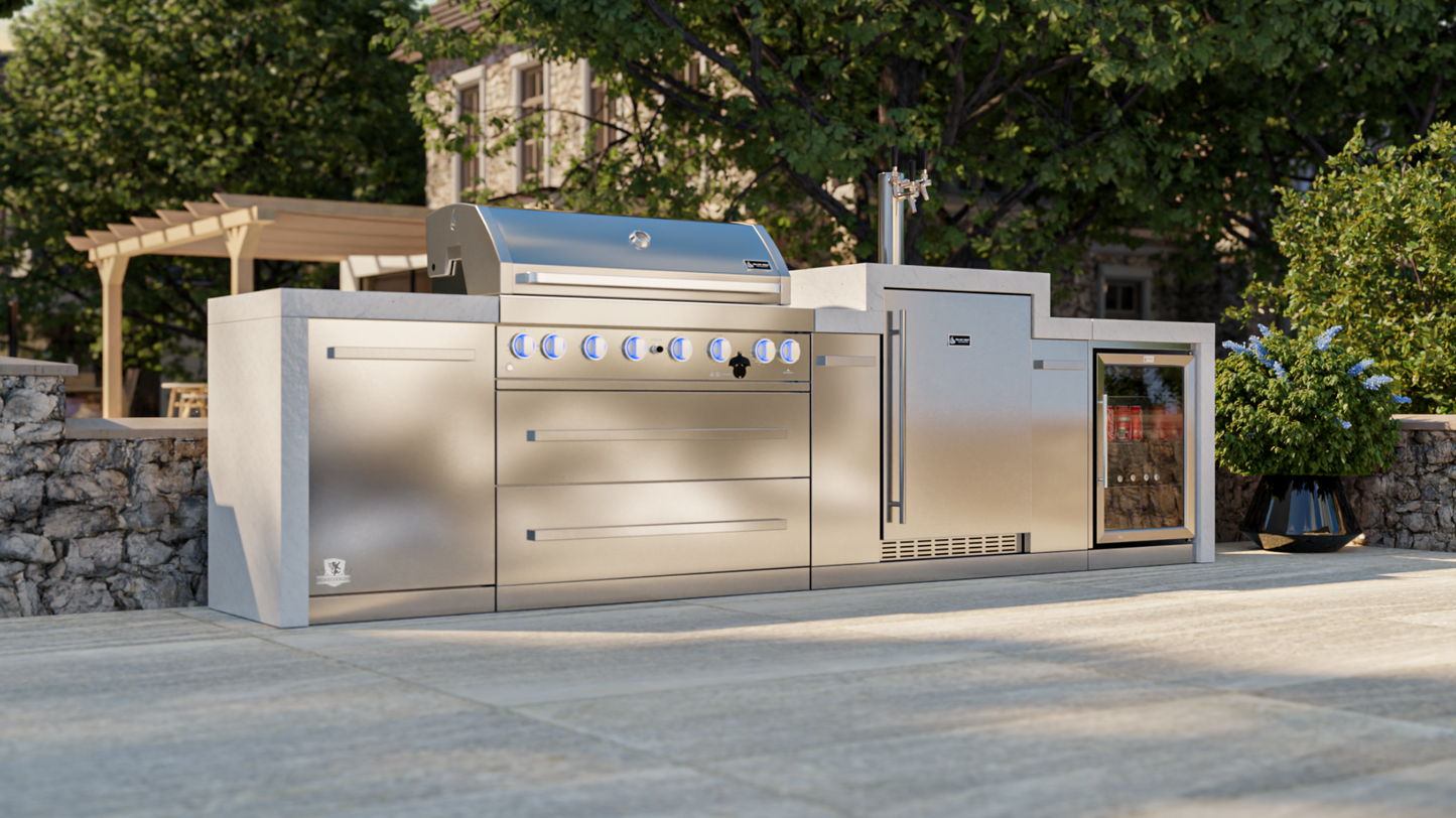 Mont Alpi 805 Deluxe BBQ Grill Island with Kegerator and Fridge Cabinet - MAI805-DKEGFC