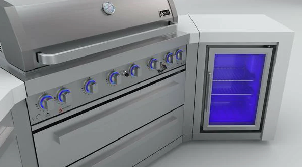 Mont Alpi 6-burner Deluxe Island with 45-Degree Corners and a Fridge Cabinet MAi805-D45FC 110''
