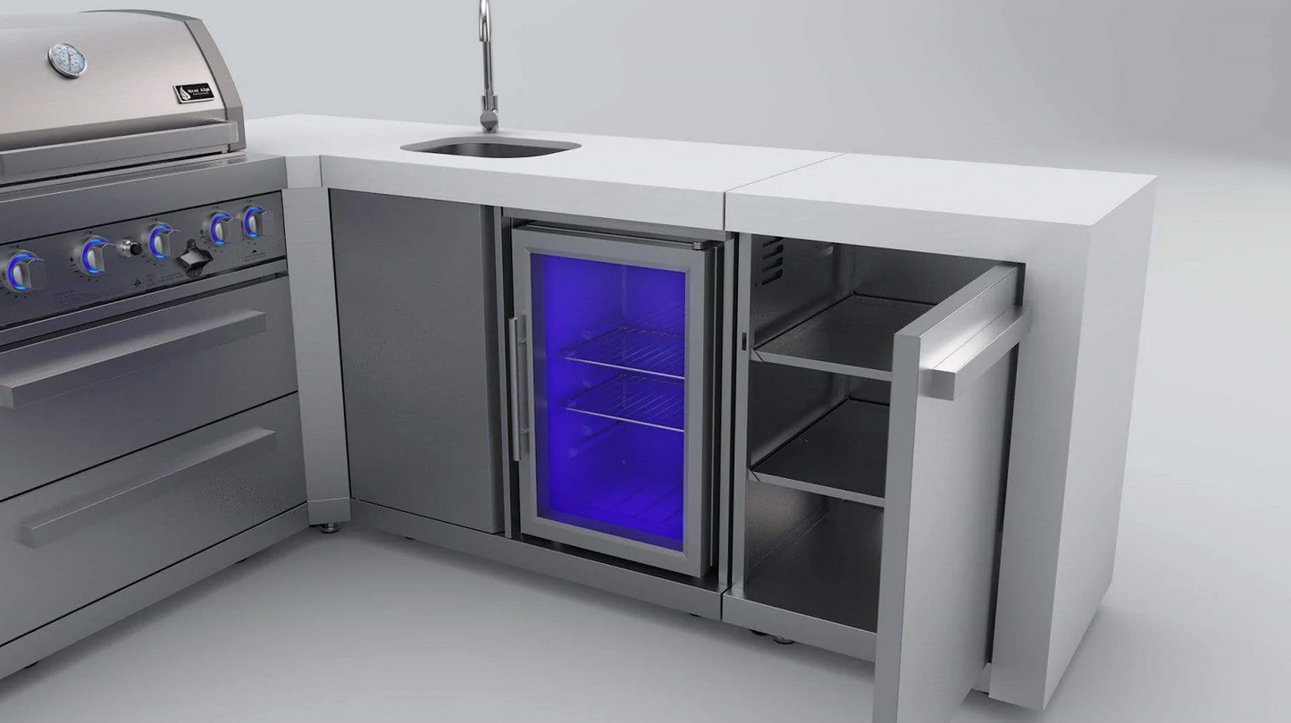 Mont Alpi 4-burner Deluxe Island featuring a 90-degree corner and beverage center MAi400-D90BEV - 82''-88''