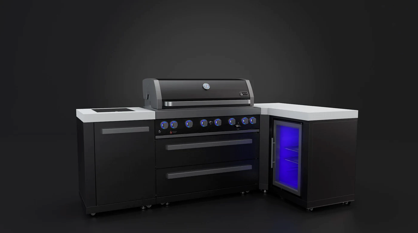 Mont Alpi 805 Black Stainless Steel Island with 90 Degree Corner and Fridge Cabinet - MAi805-BSS90FC - 94"