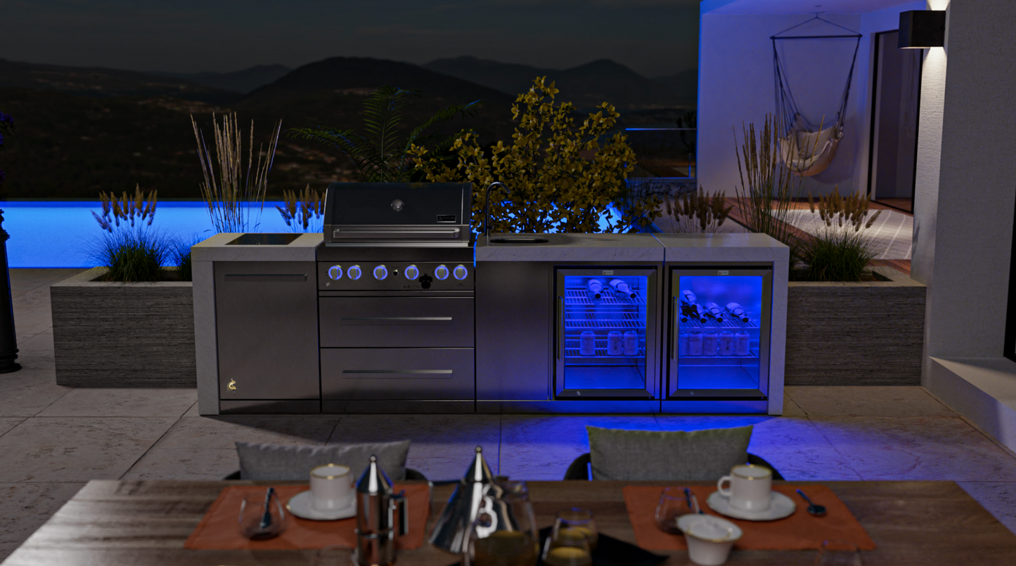Mont Alpi 4-burner Deluxe Island with a Beverage Center And Fridge Cabinet MAi400-DBEVFC - 120''