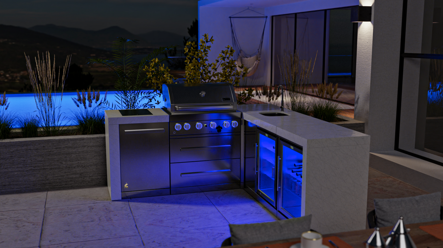 Mont Alpi 4-burner Deluxe Island with a 90-degree corner, Beverage Center, and Fridge Cabinet MAi400-DBEV90FC - 81''-88''