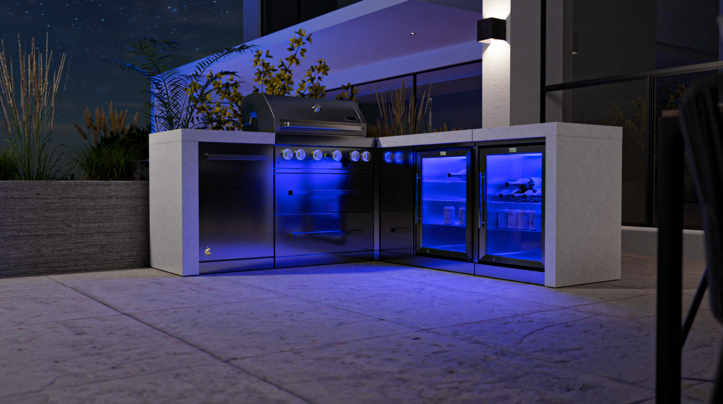Mont Alpi 4-burner Deluxe Island with a 90-degree corner, Beverage Center, and Fridge Cabinet MAi400-DBEV90FC - 81''-88''