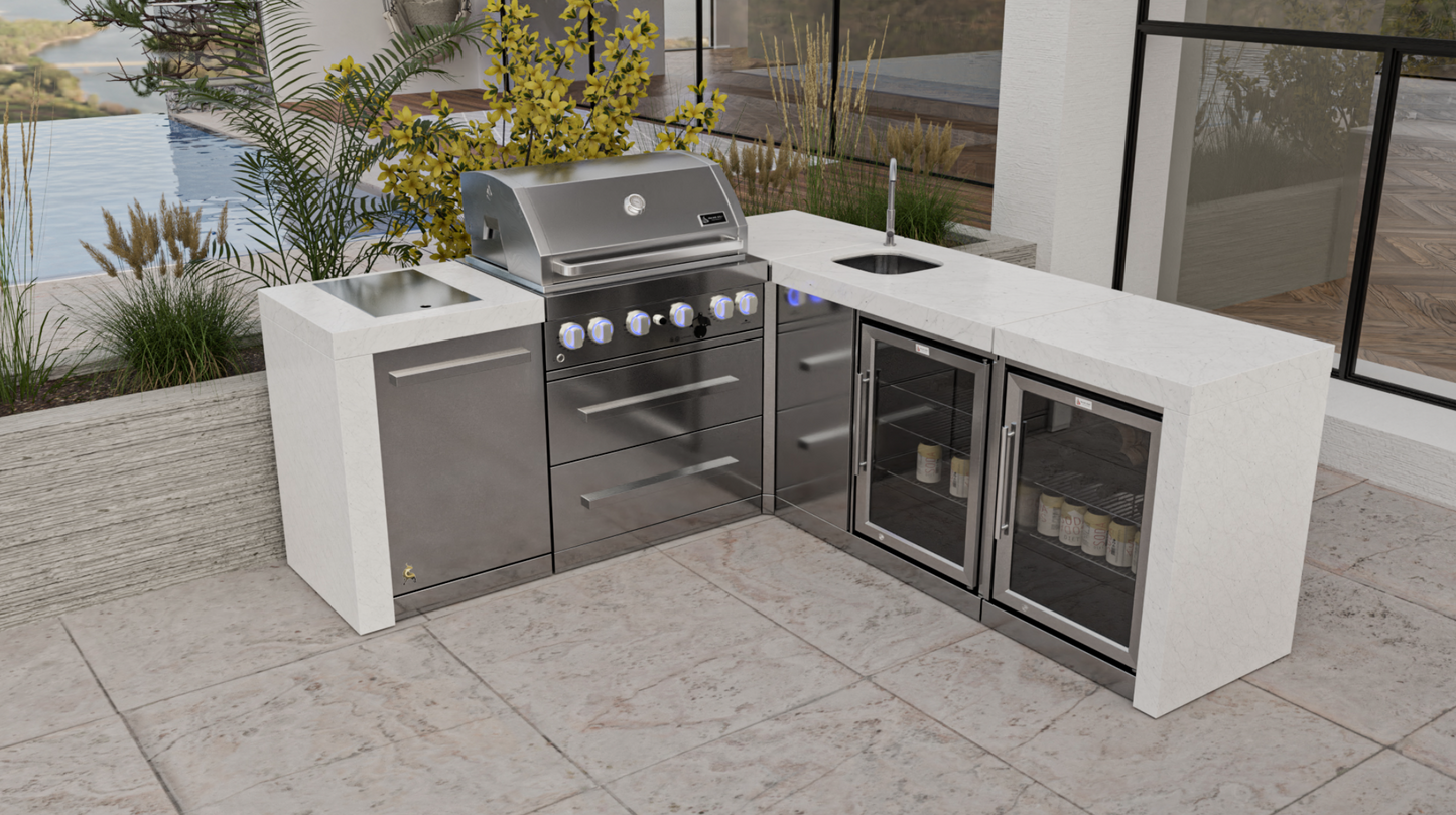 Mont Alpi 4-burner Deluxe Island with a 90-degree corner, Beverage Center, and Fridge Cabinet MAi400-DBEV90FC - 81''-88''