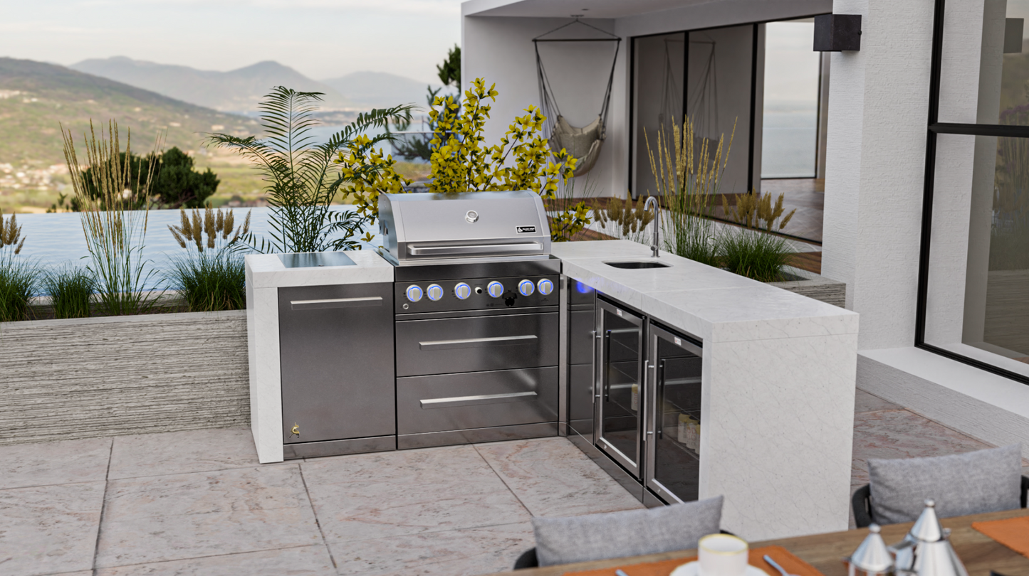 Mont Alpi 4-burner Deluxe Island with a 90-degree corner, Beverage Center, and Fridge Cabinet MAi400-DBEV90FC - 81''-88''