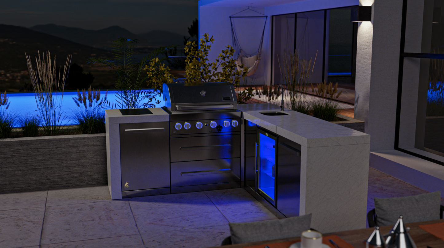 Mont Alpi 4-burner Deluxe Island featuring a 90-degree corner and beverage center MAi400-D90BEV - 82''-88''