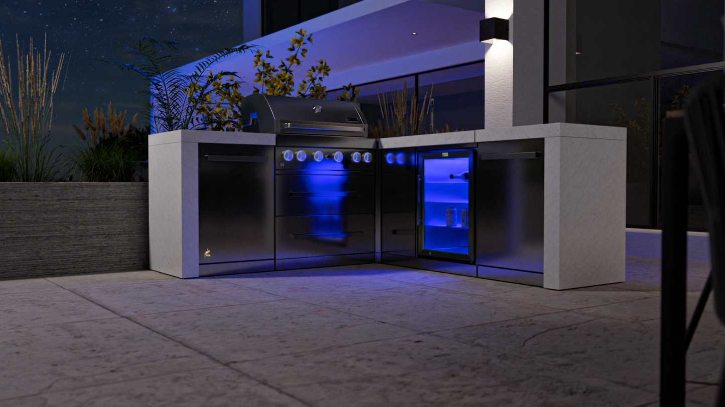 Mont Alpi 4-burner Deluxe Island featuring a 90-degree corner and beverage center MAi400-D90BEV - 82''-88''