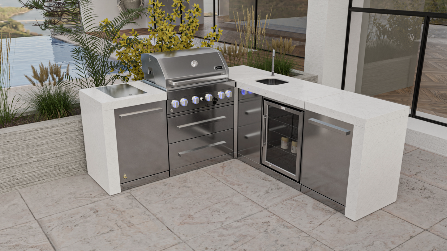 Mont Alpi 4-burner Deluxe Island featuring a 90-degree corner and beverage center MAi400-D90BEV - 82''-88''