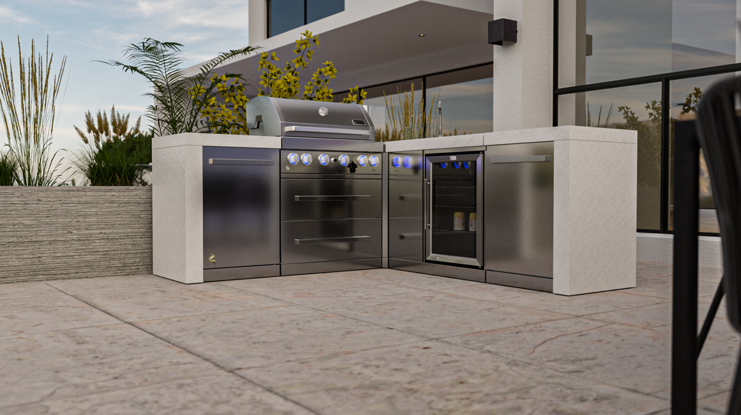 Mont Alpi 4-burner Deluxe Island featuring a 90-degree corner and beverage center MAi400-D90BEV - 82''-88''