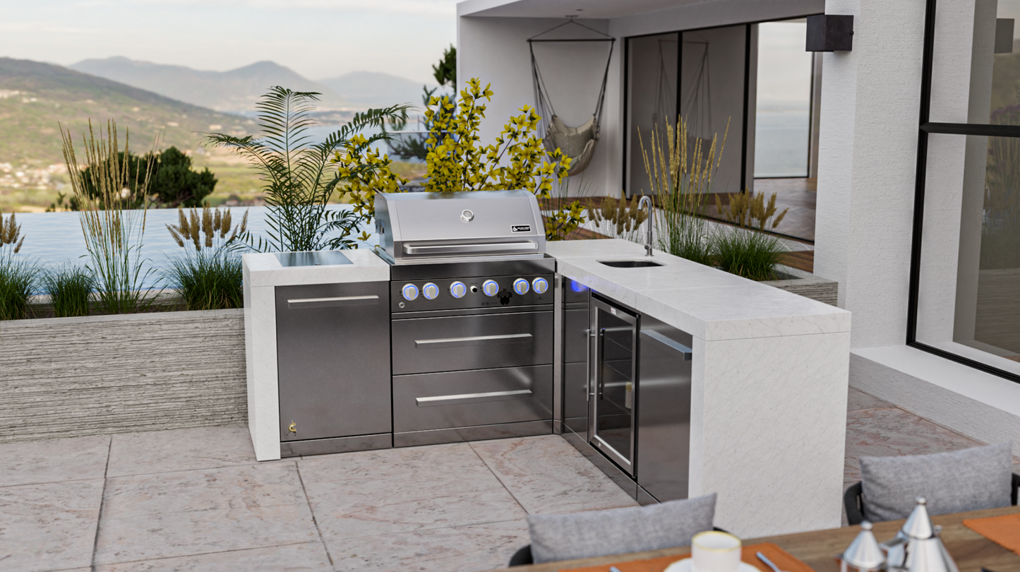 Mont Alpi 4-burner Deluxe Island featuring a 90-degree corner and beverage center MAi400-D90BEV - 82''-88''