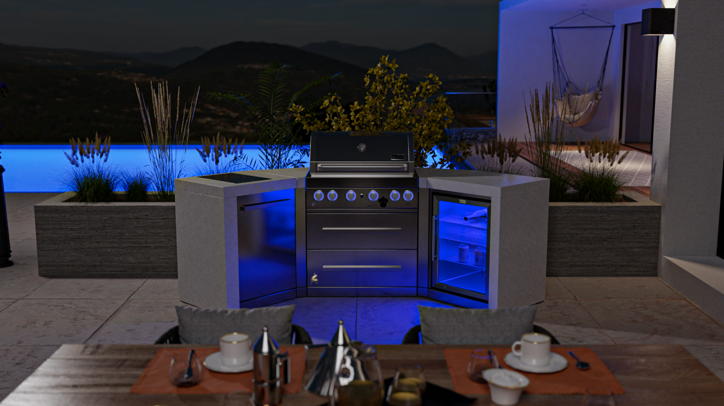 Mont Alpi 4-burner Deluxe Island with 45-Degree Corners and a Fridge Cabinet MAi400-D45FC - 106''