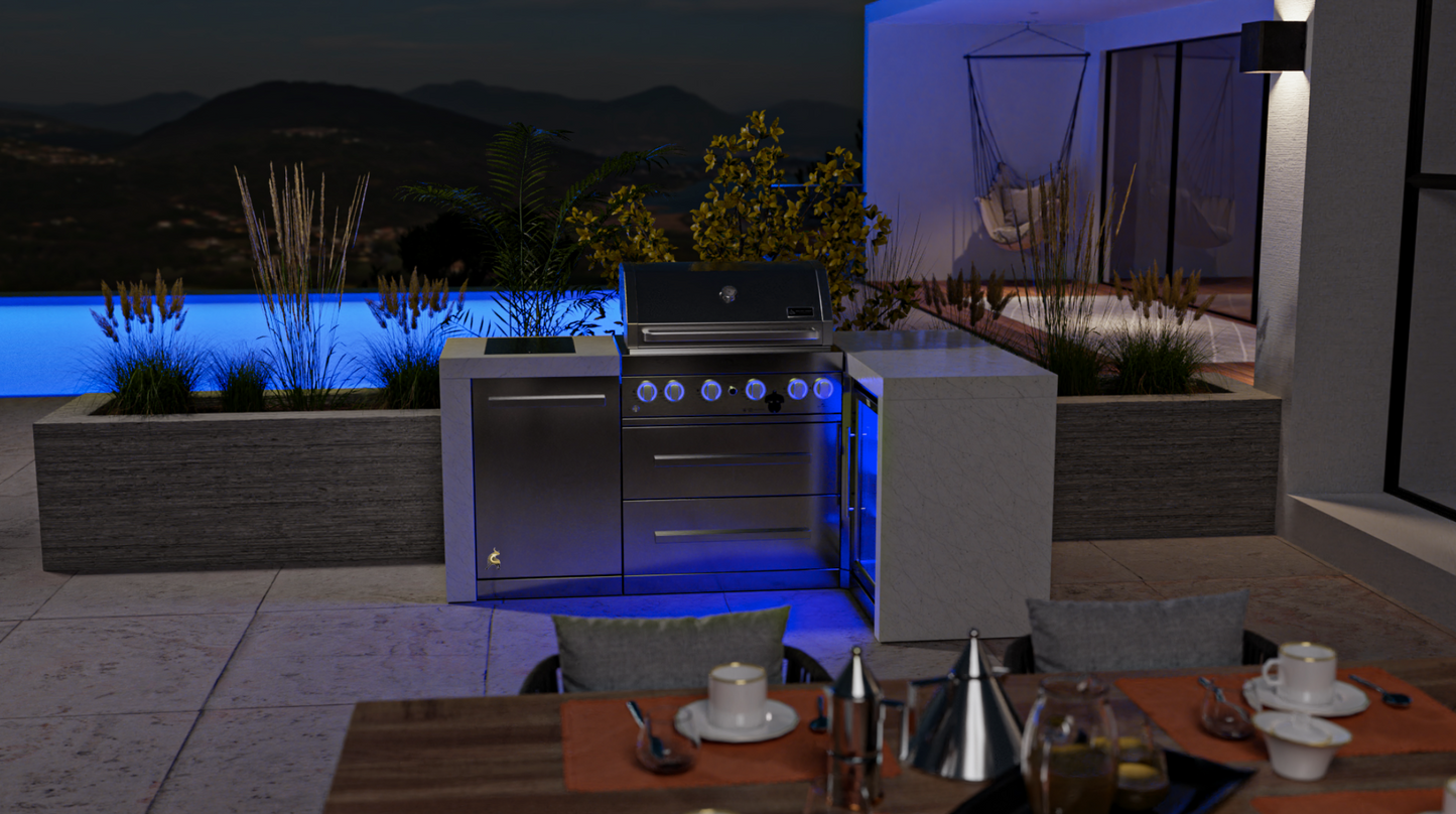 Mont Alpi 4-burner Deluxe Island with a 90-degree corner and a fridge cabinet MAi400-D90FC