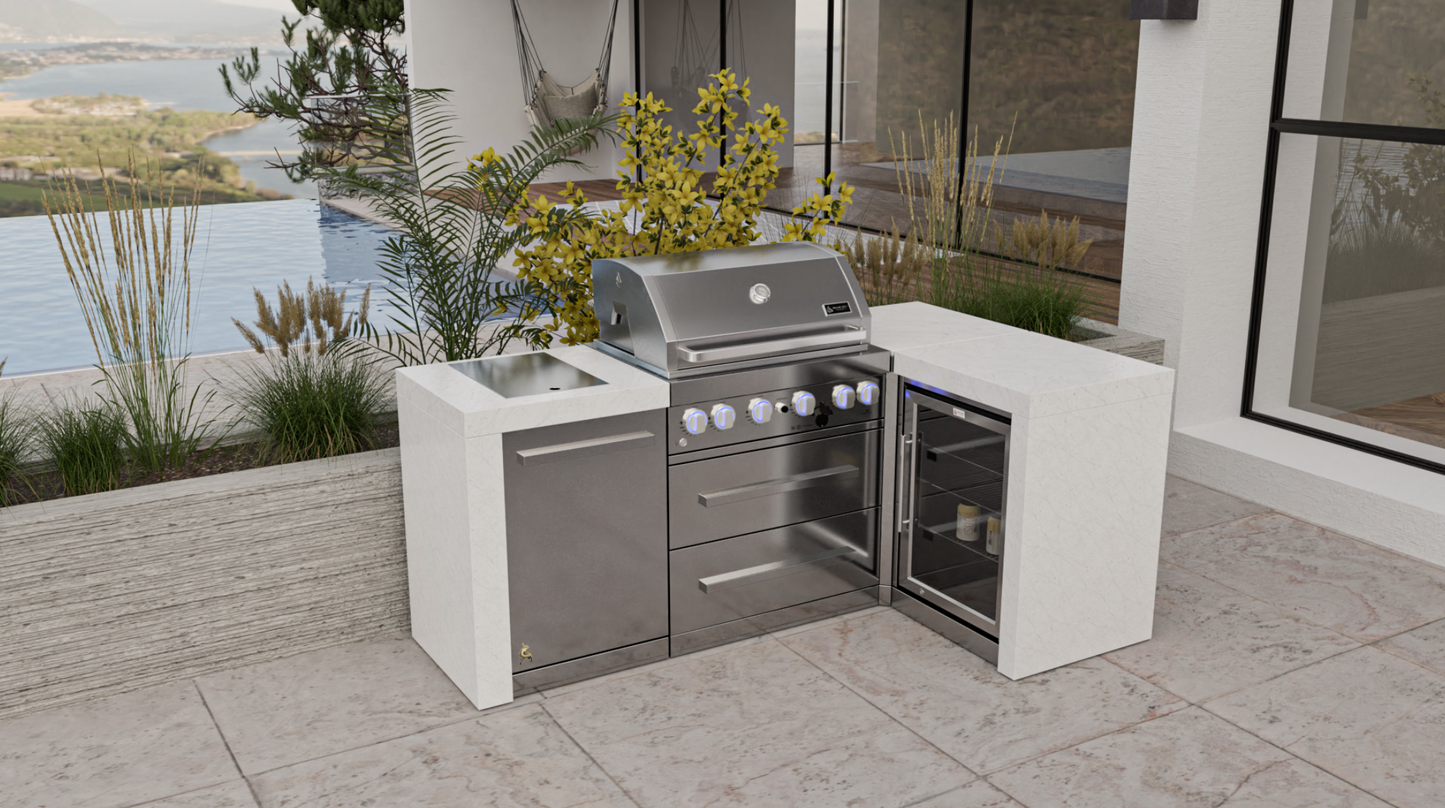 Mont Alpi 4-burner Deluxe Island with a 90-degree corner and a fridge cabinet MAi400-D90FC